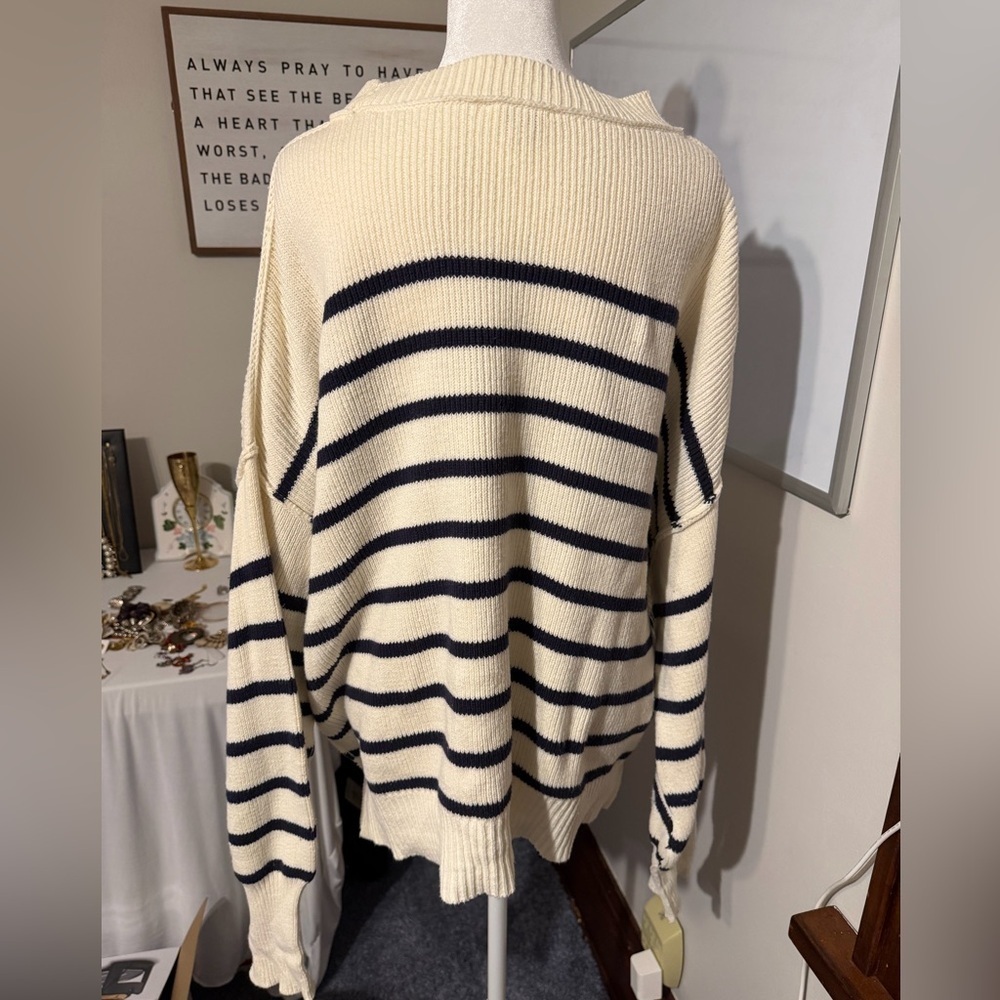 Umgee Cream and Navy Striped Sweater - Picture 3 of 5